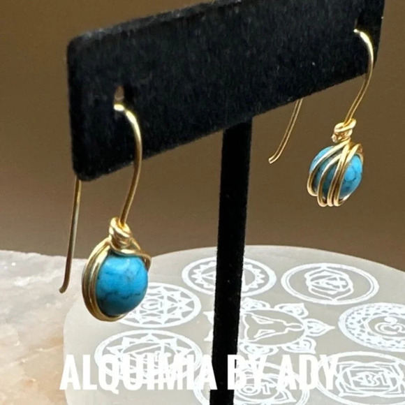 Turquoise drops gold hoops western style dangle long earrings - Picture 3 of 7